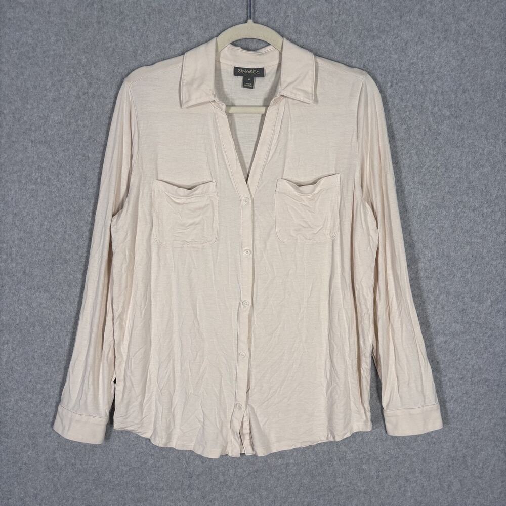 Style Co Blouse Medium‎ Cream Jersey Stretch Minimal Neutrals Quiet Lounge Comfy